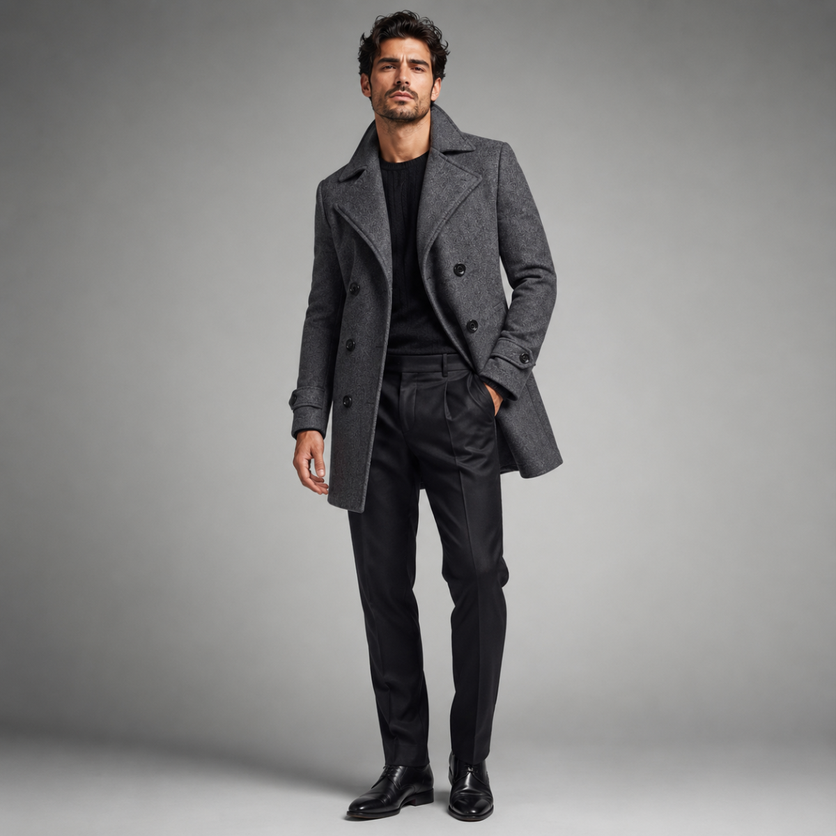 Men's Long Double-Breasted Wool-Blend Trench Coat