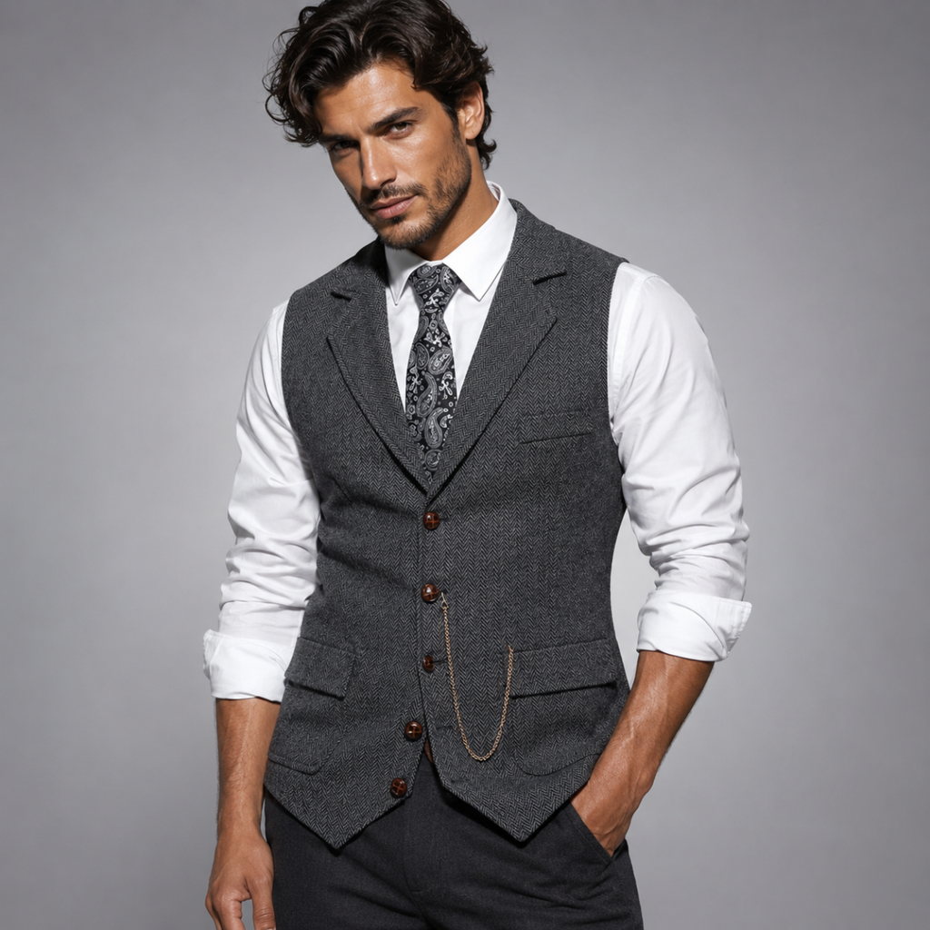 Men's Tweed-Style Waistcoat with Pocket Chain