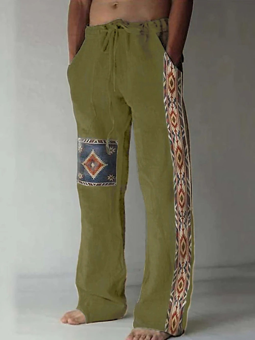 Men's Patchwork Cotton-linen-look Trousers
