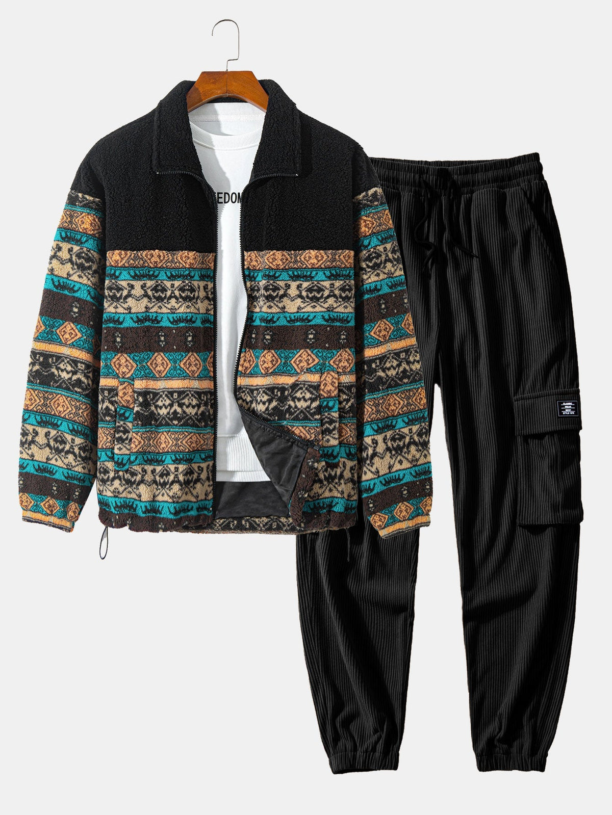 Men's Printed Teddy Fleece Jacket and Corduroy Cargo Jogger Set