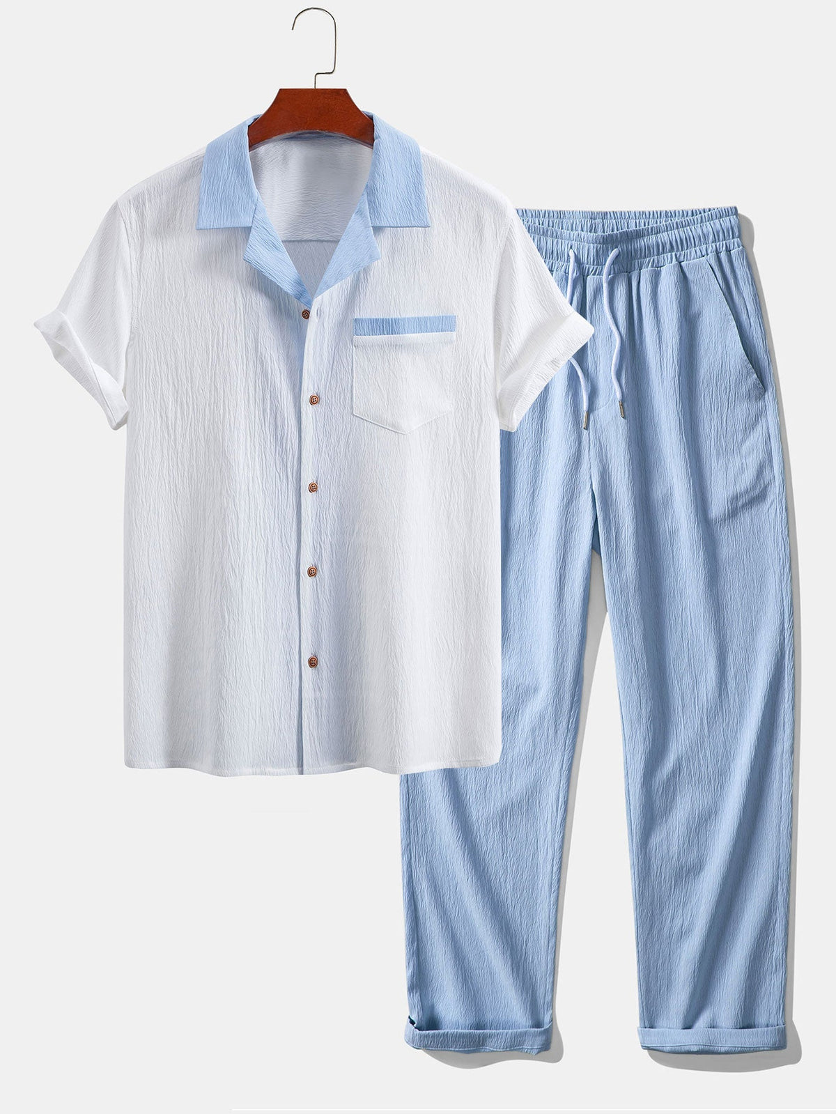 Men's Contrast Texture Shirt and Trouser Set – Cuban Collar