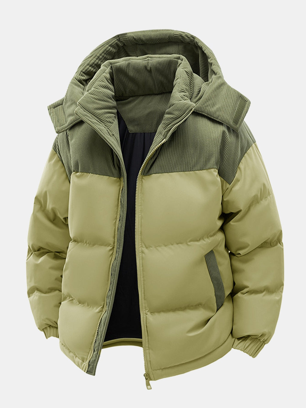 Men's Padded Puffer Jacket with Corduroy Panels and Stand Collar