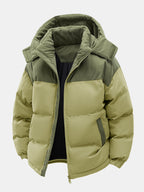 Men's Padded Puffer Jacket with Corduroy Panels and Stand Collar