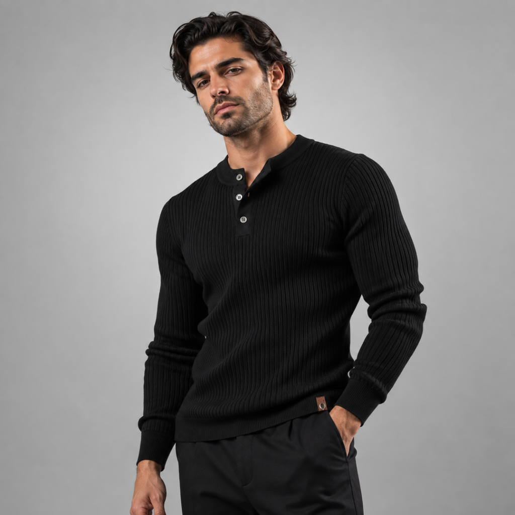 Men's Ribbed Henley Knit Jumper – Button Neck