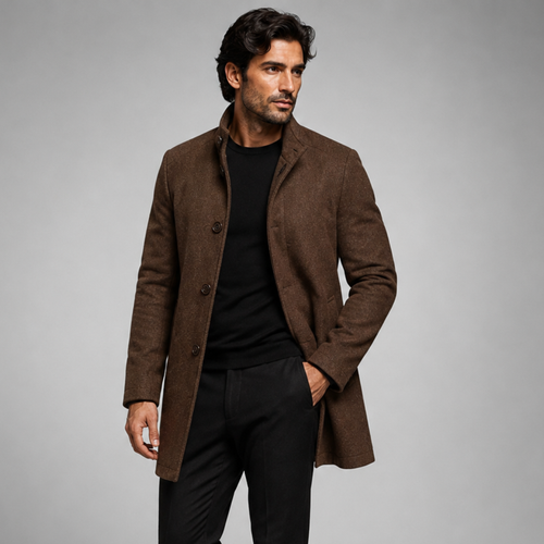 Men's Classic Wool-Blend Overcoat – Structured Collar, Button Front