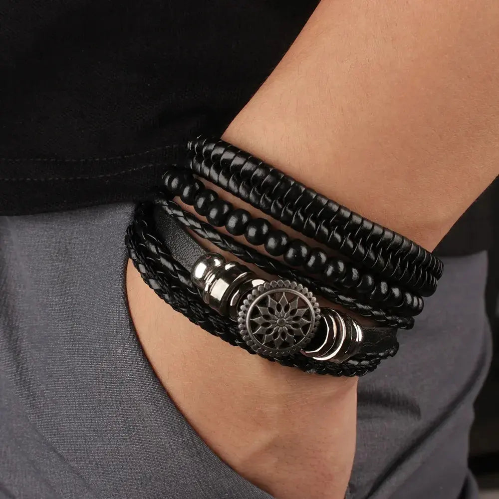 Men's Braided leather-look Wrap Bracelet Set