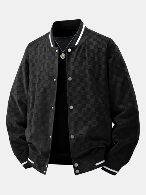 Men's Checkerboard Faux Suede Varsity Bomber Jacket