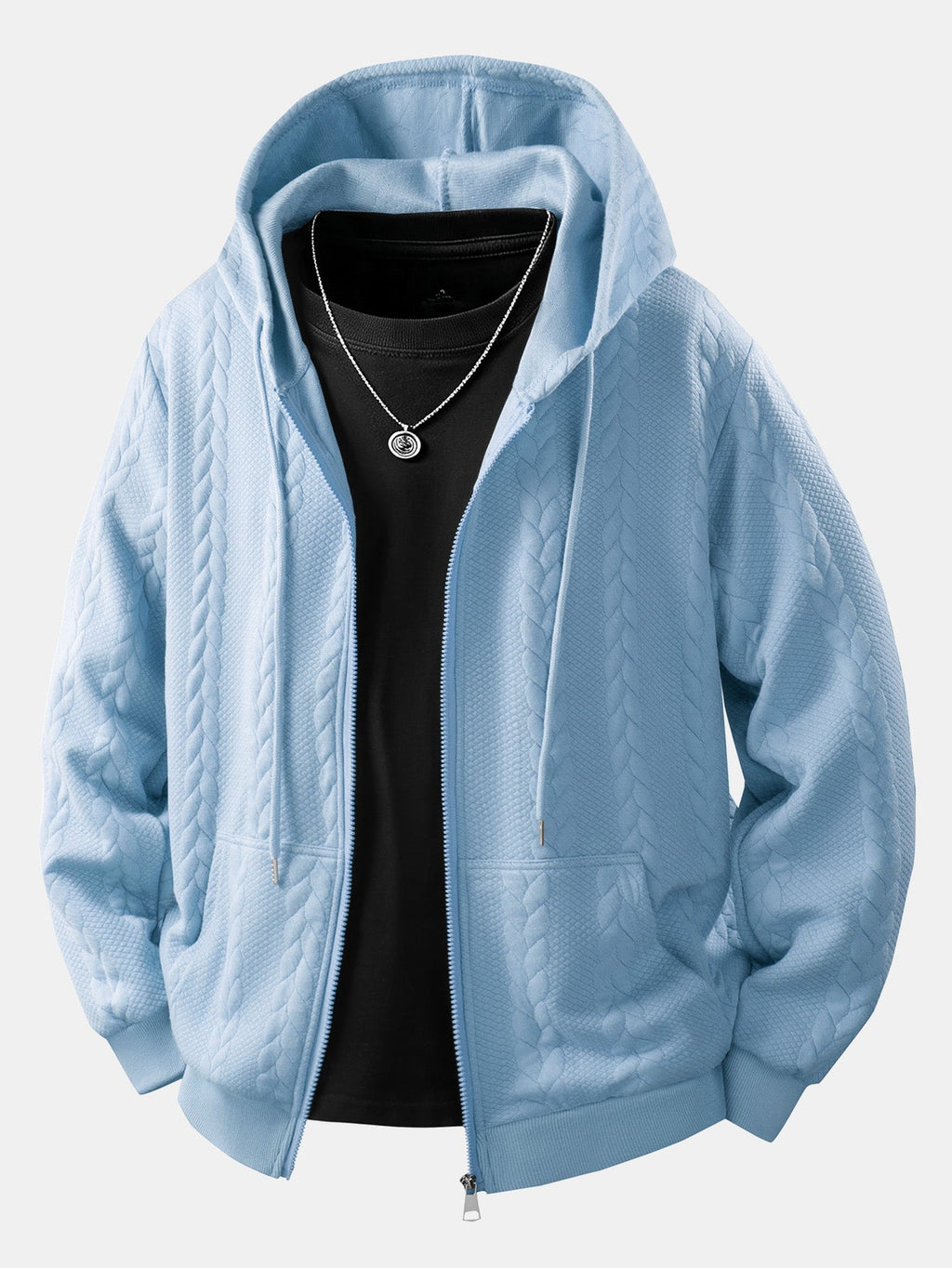 Men's Cable Jacquard Zip-Up Hoodie – Textured Long Sleeve Hooded Sweatshirt