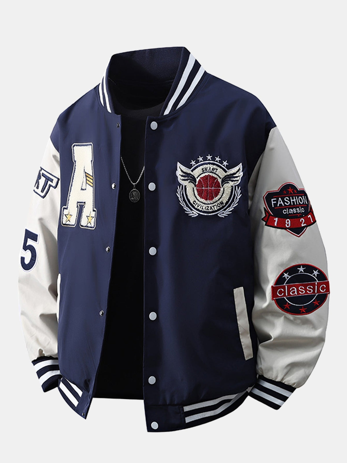 Men's Embroidered Varsity Bomber Jacket with Ribbed Trims