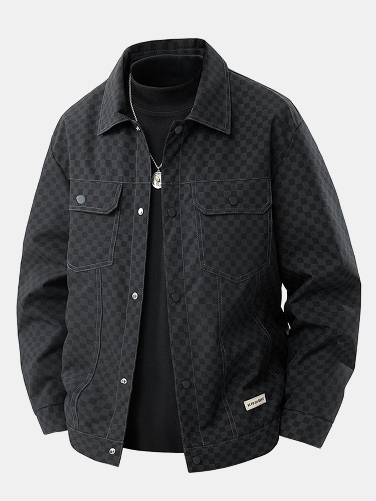 Men's Checkerboard Trucker Jacket with Chest Pockets