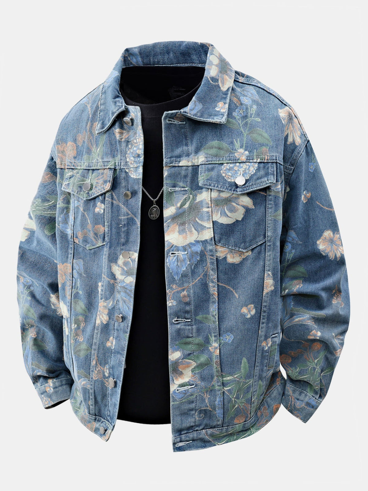 Men's Vintage Washed Denim Jacket with Printed Design