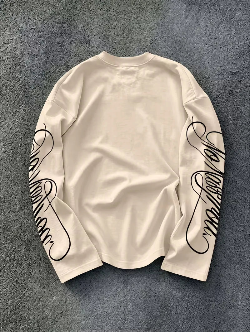 Men's Dark Longsleeve with White Script Print on Sleeves and Chest