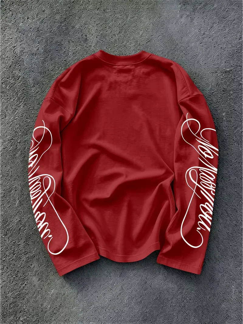 Men's Dark Longsleeve with White Script Print on Sleeves and Chest
