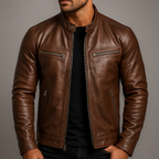 Men's Vintage Leather-Look Jacket – Stand Collar Biker Style with Zip Pockets