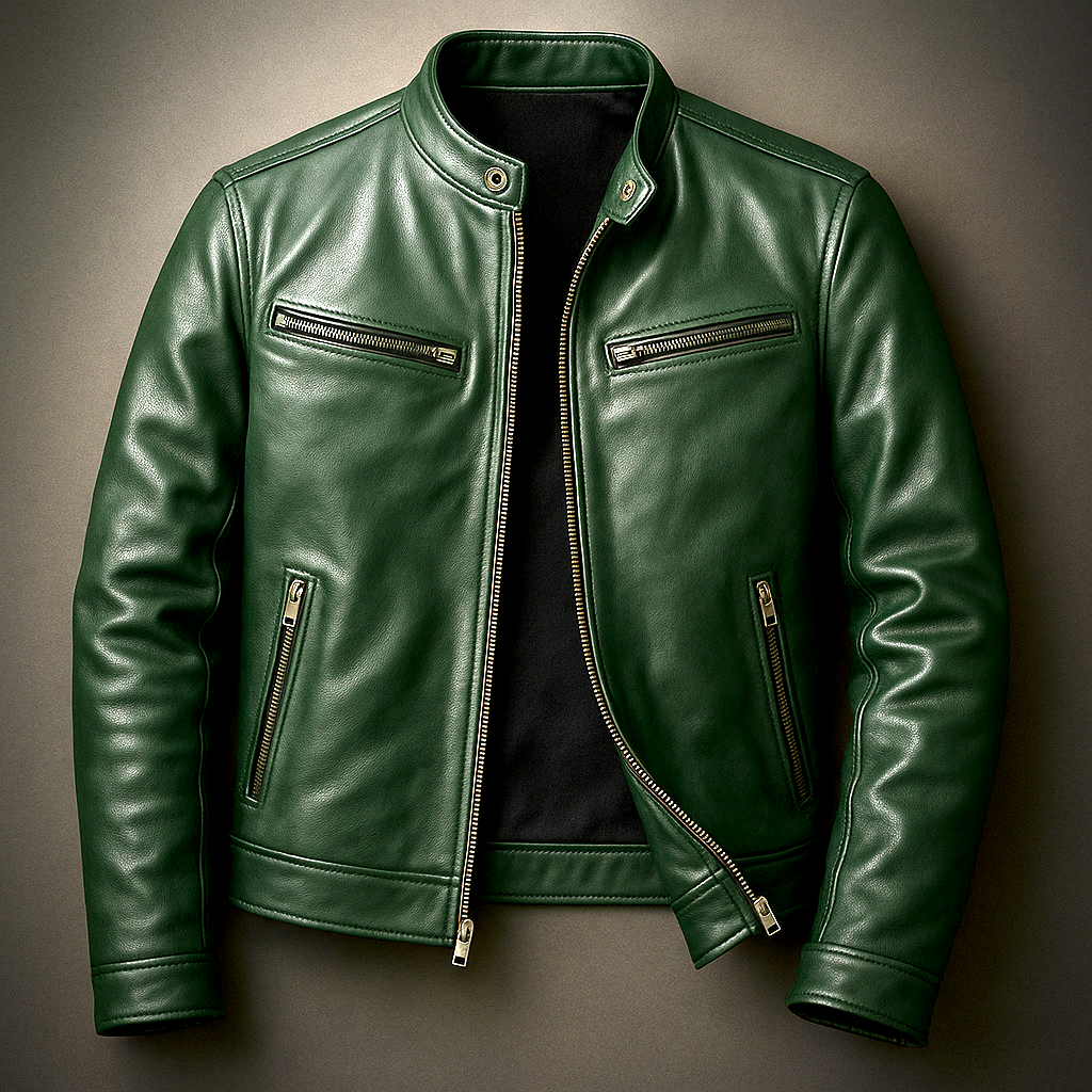 Men's Vintage Leather-Look Jacket – Stand Collar Biker Style with Zip Pockets