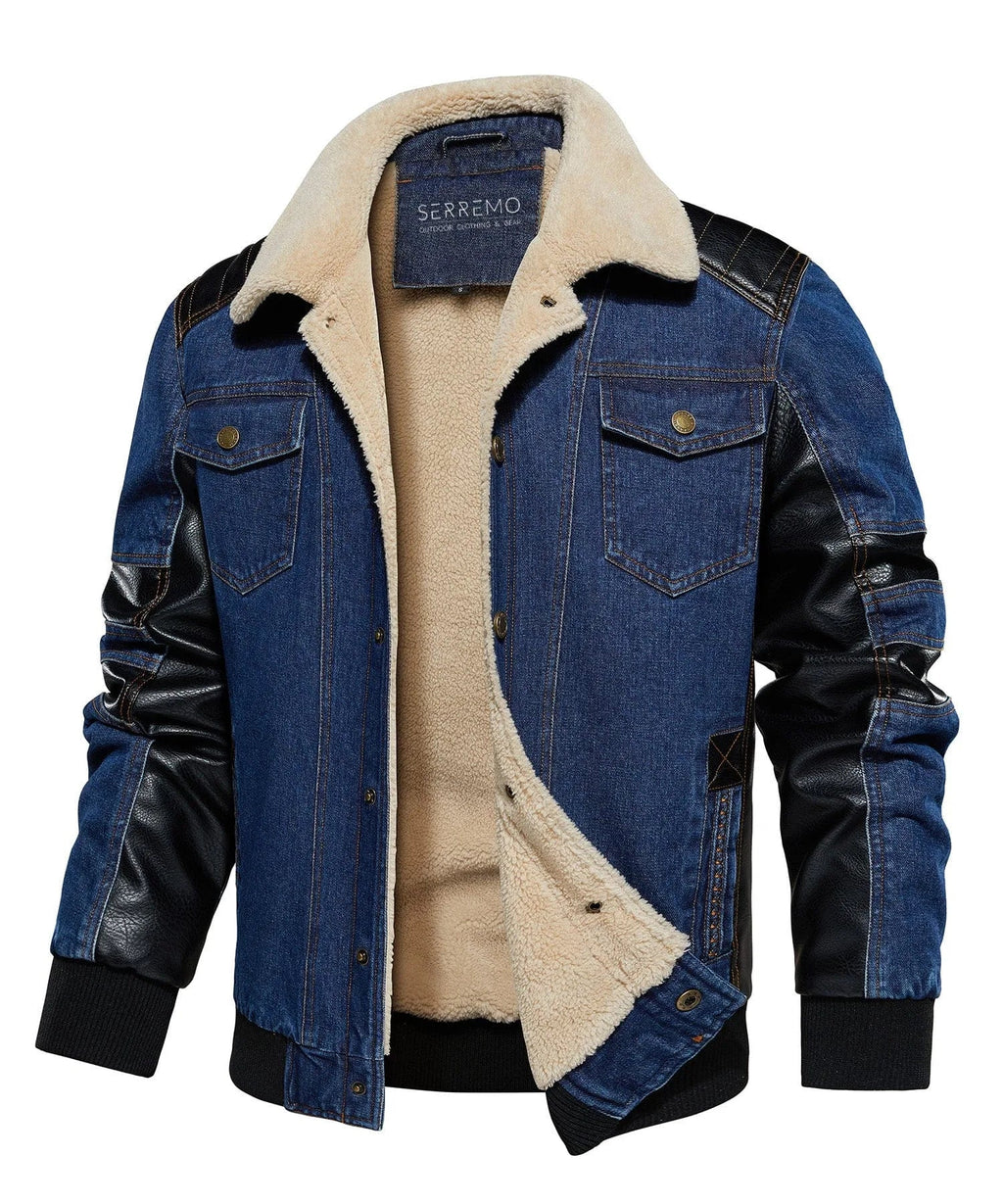 Men's Bomber Jacket with Denim Body and Leather-look Sleeves