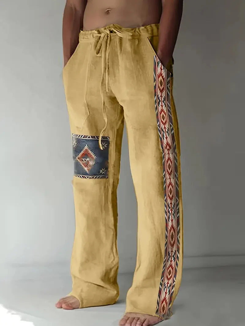 Men's Patchwork Cotton-linen-look Trousers