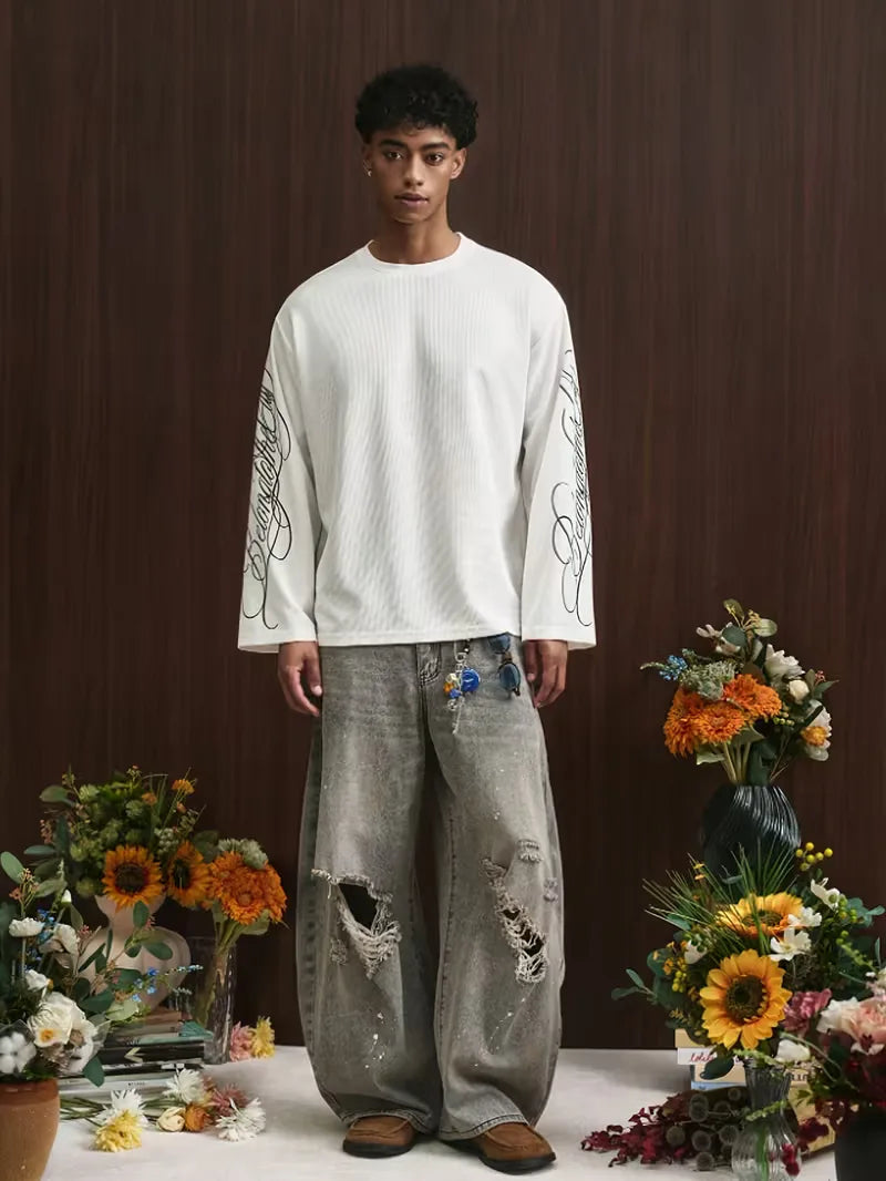 Men's Oversized Waffle-Knit Longsleeve with Script Sleeve Print