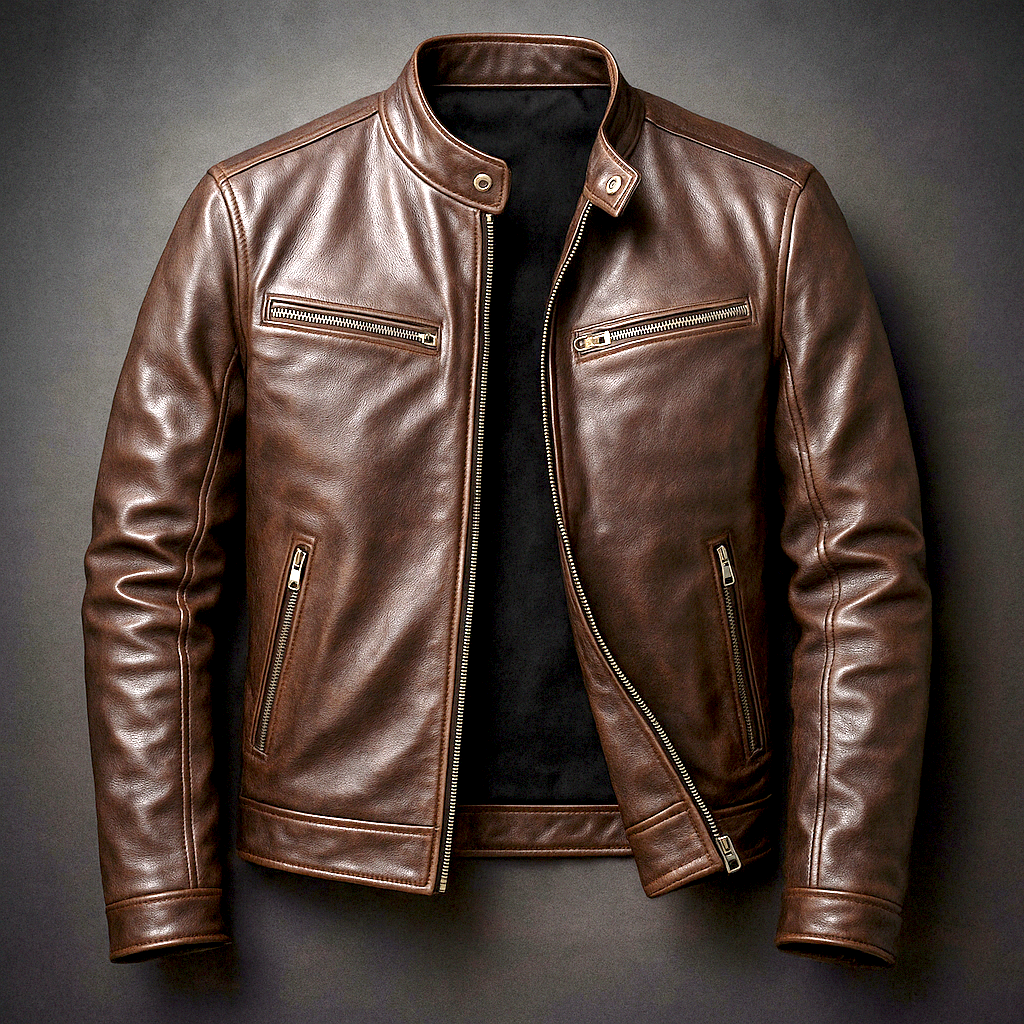 Men's Vintage Leather-Look Jacket – Stand Collar Biker Style with Zip Pockets