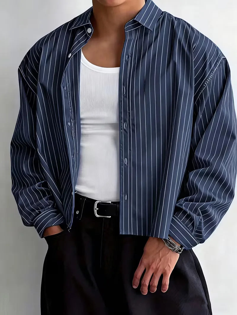Men's Oversized Vertical Stripe Shirt in Navy Blue