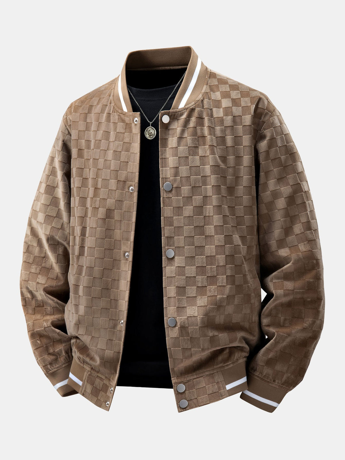 Men's Checkerboard Faux Suede Varsity Bomber Jacket