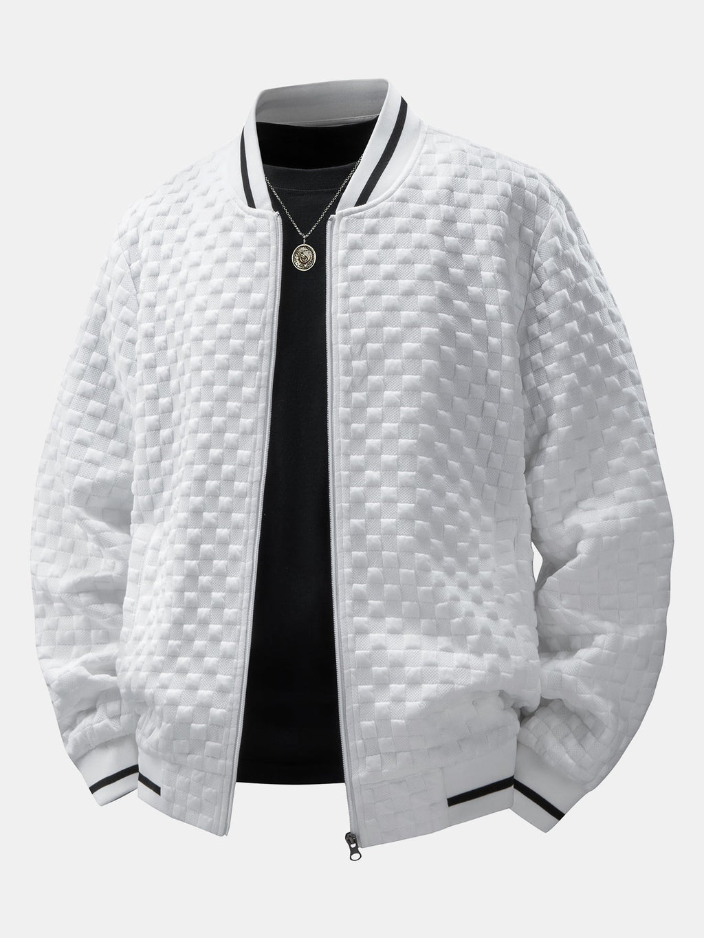 Men's Textured Checkerboard Jacquard Bomber Jacket