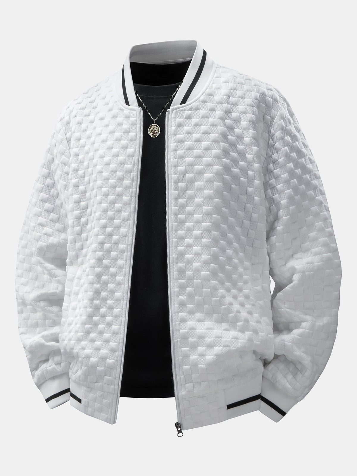 Men's Textured Checkerboard Jacquard Bomber Jacket