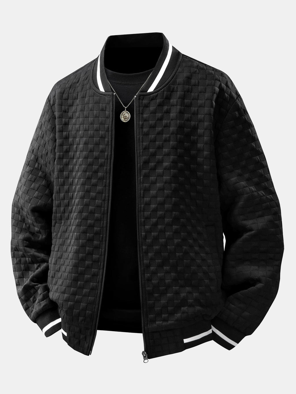 Men's Textured Checkerboard Jacquard Bomber Jacket