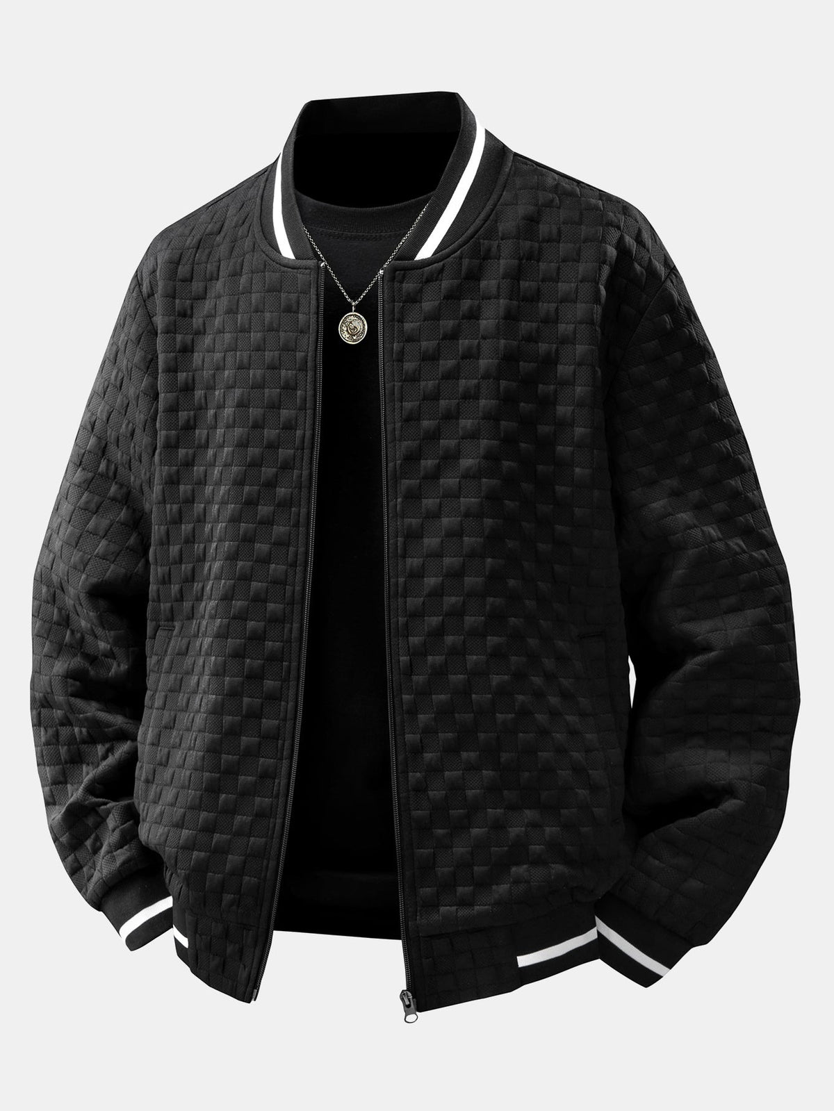 Men's Textured Checkerboard Jacquard Bomber Jacket