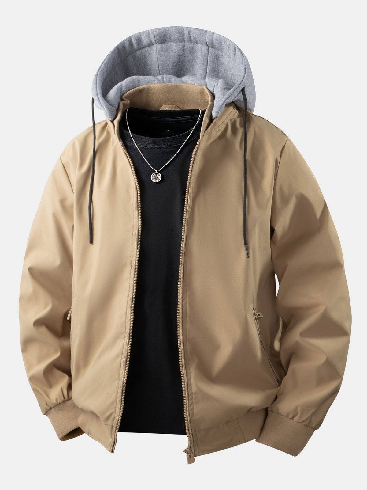 Men's Relaxed Hooded Bomber Jacket – Detachable Drawstring Hood