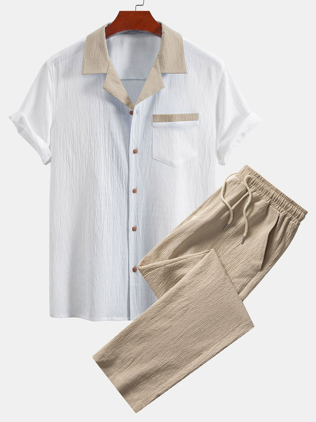 Men's Contrast Texture Shirt and Trouser Set – Cuban Collar