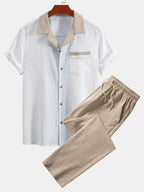 Men's Contrast Texture Shirt and Trouser Set – Cuban Collar