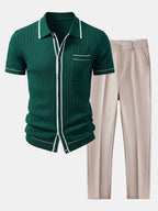 Men's Ribbed Knit Button Shirt Set – Tailored Tapered Trousers
