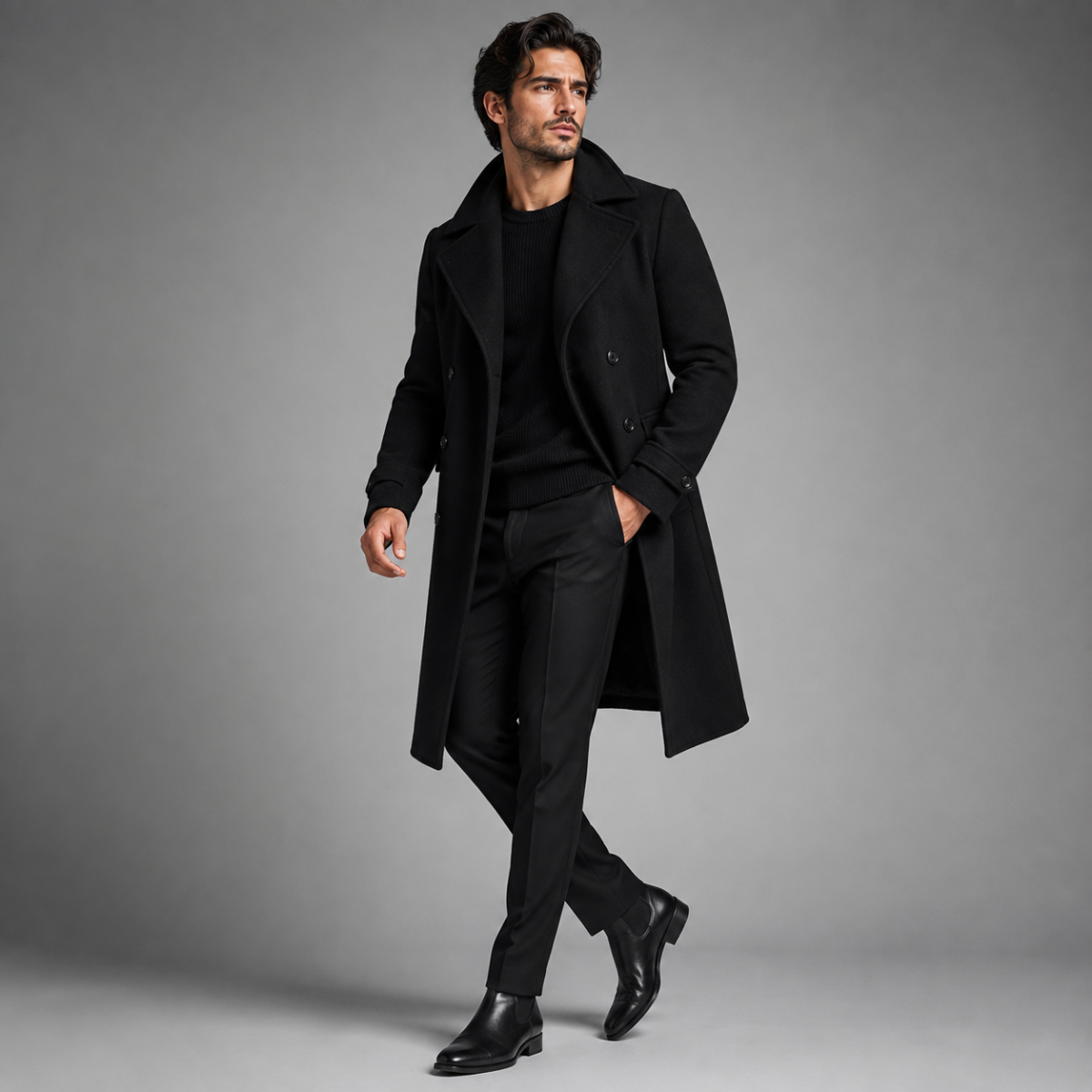 Men's Long Double-Breasted Wool-Blend Trench Coat