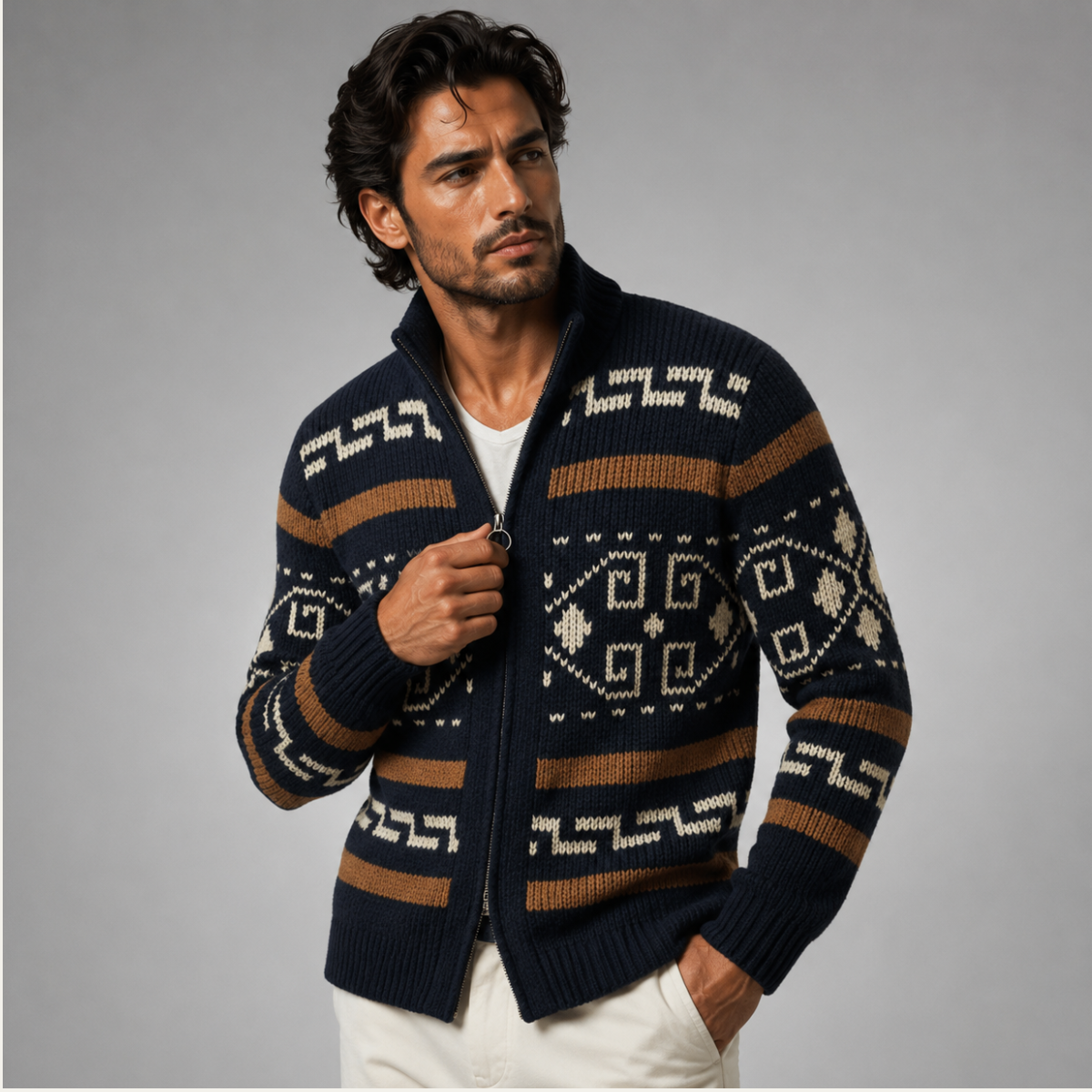 Men's Jacquard Shawl-Collar Cardigan – Patterned Knit