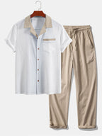 Men's Contrast Texture Shirt and Trouser Set – Cuban Collar