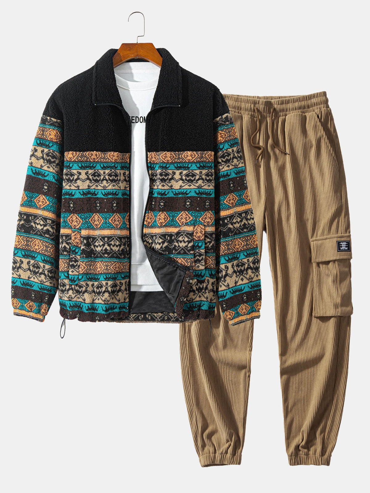 Men's Printed Teddy Fleece Jacket and Corduroy Cargo Jogger Set