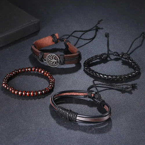 Men's Braided leather-look Wrap Bracelet Set