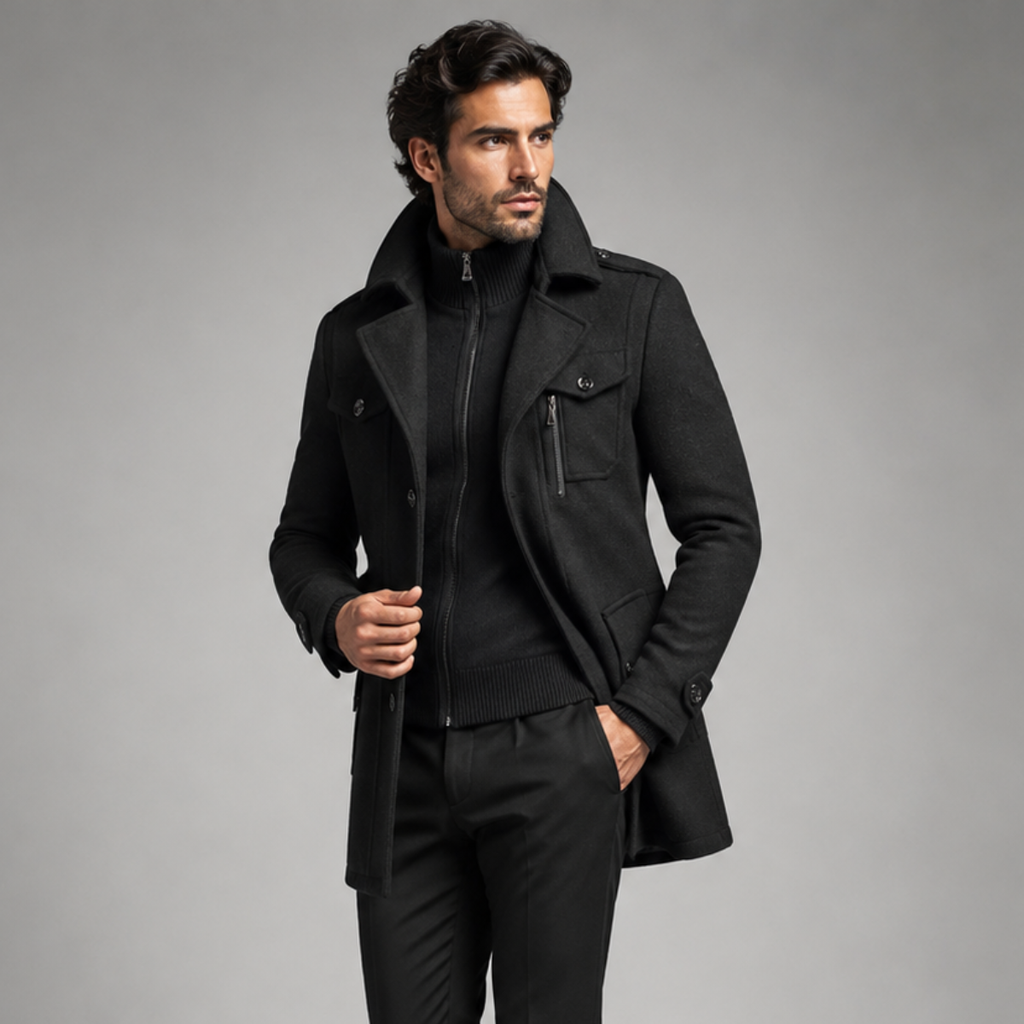 Men's Double-Collar Wool-Blend Business Coat
