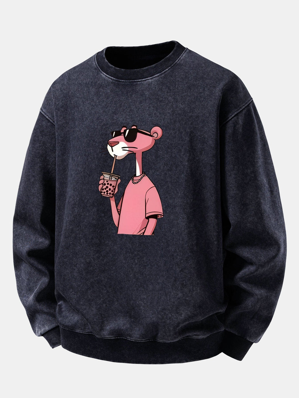 Men's Vintage Washed Cotton Sweatshirt with Pink Panther Graphic