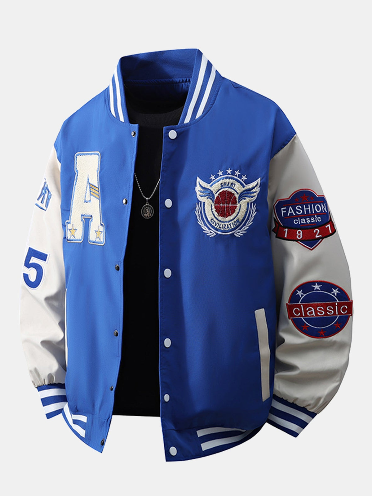 Men's Embroidered Varsity Bomber Jacket with Ribbed Trims