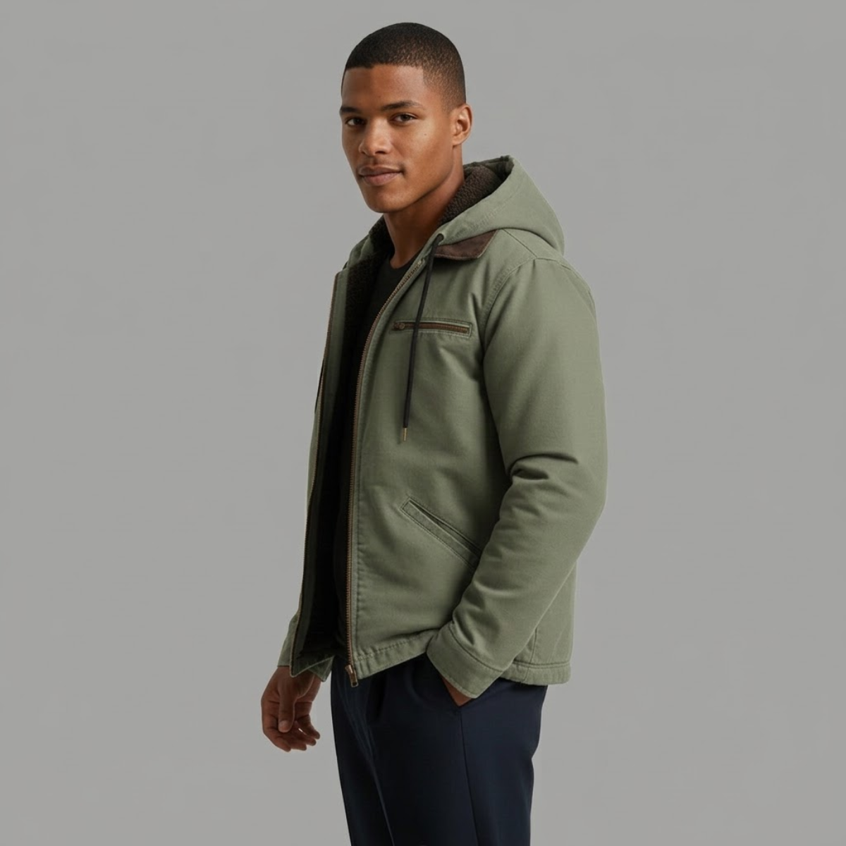 Men's Fleece-Lined Hooded Jacket – Drawstring Hood, Ribbed Cuffs
