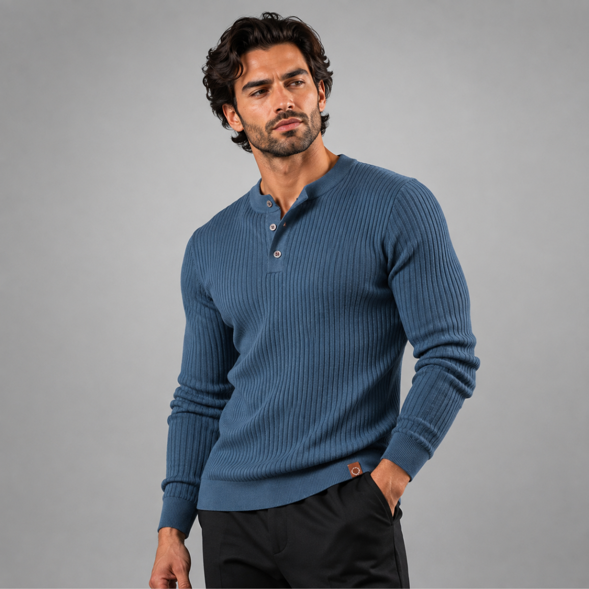 Men's Ribbed Henley Knit Jumper – Button Neck