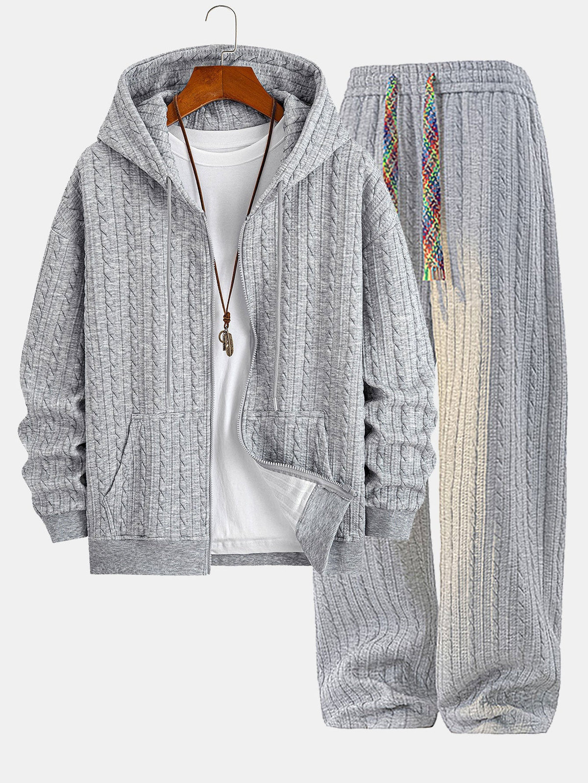 Men's Textured Zip Hoodie Tracksuit – Jacquard Straight-Leg Set