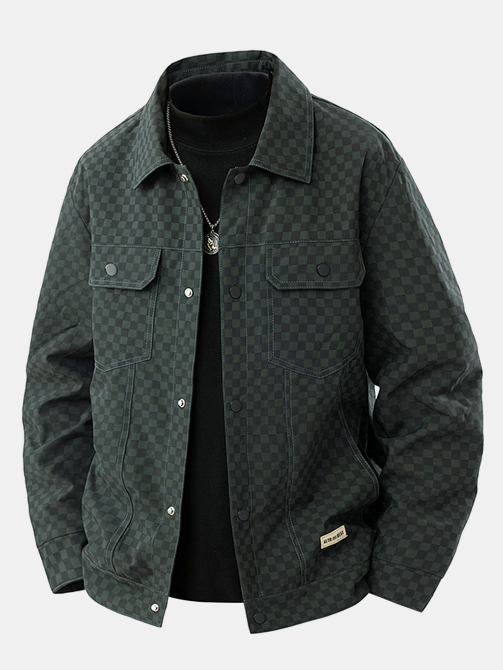 Men's Checkerboard Trucker Jacket with Chest Pockets