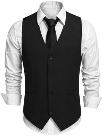 Men's Textured V-Neck Suit Waistcoat with Button Front and Welt Pockets