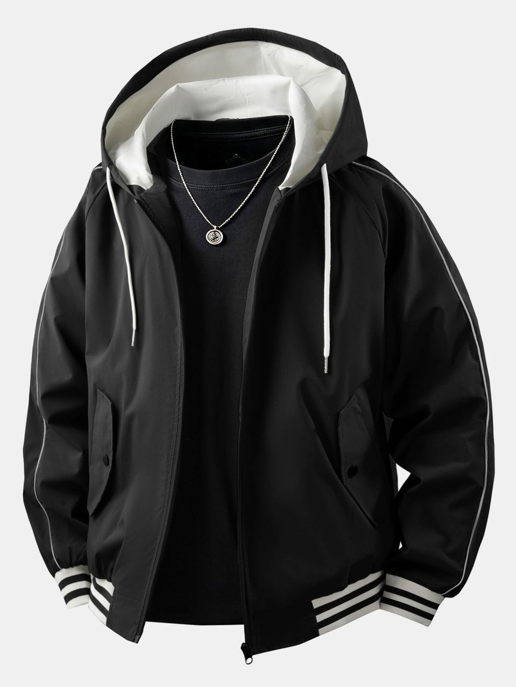 Men's Relaxed Hooded Bomber Jacket – Contrast Lined Zip-Up Outerwear