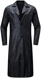 Men's Faux Leather Trench Coat with Notched Lapels
