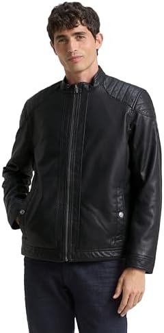 Men's Quilted-Shoulder Faux-Leather Moto Jacket