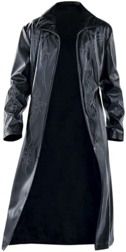 Men's Long Faux Leather Coat with Zip Front and Wide Collar